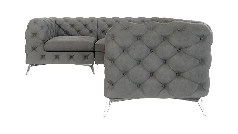 Ecksofa Chesterfield aus Samt mit silbernen Metall-Füßen, Grau -