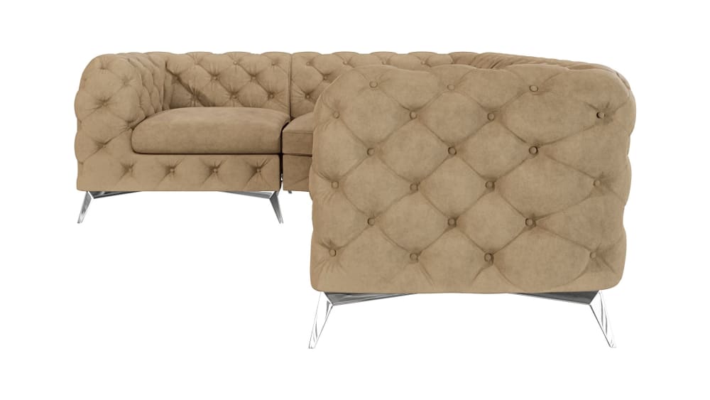 Canapé d’angle Chesterfield en velours, pieds en métal argenté, beige