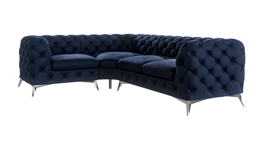 Canapé d’angle Chesterfield en velours, pieds en métal argenté, bleu