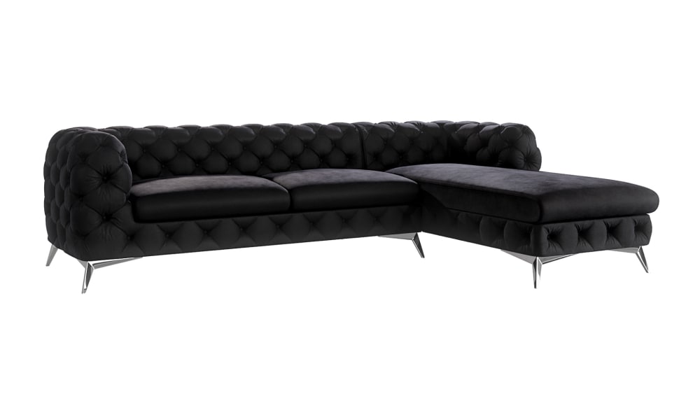 Canapé d’angle Chesterfield en velours, pieds en métal argenté, noir