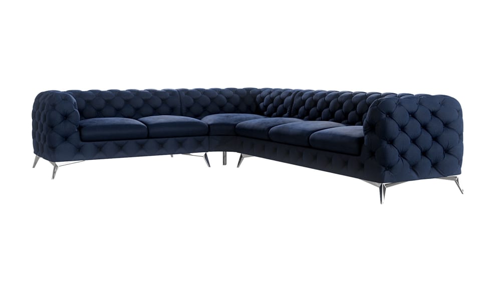 Canapé d’angle Chesterfield en velours, pieds en métal argenté, bleu