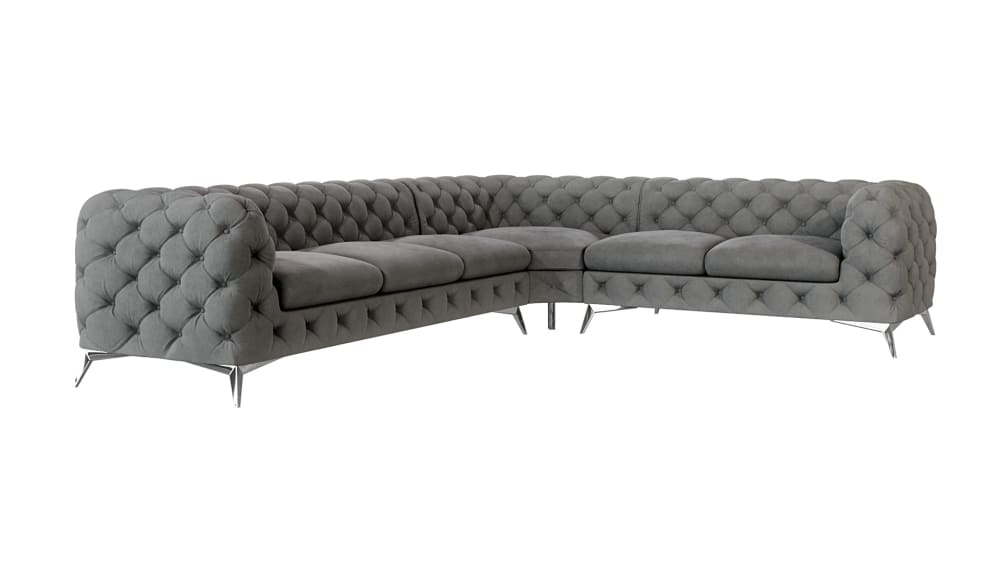 Canapé d’angle Chesterfield en velours, pieds en métal argenté, gris