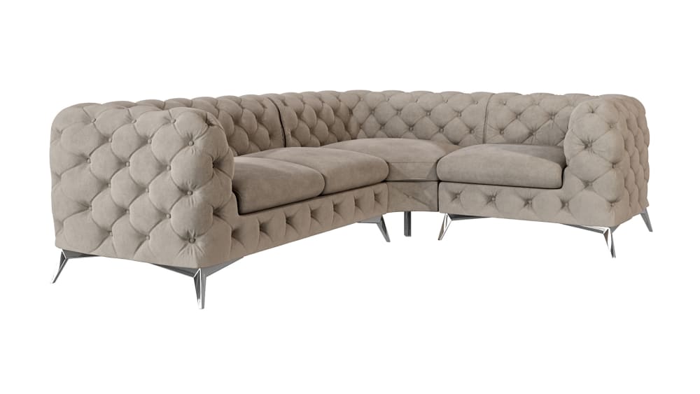 Canapé d’angle Chesterfield en velours, pieds en métal argenté, crème