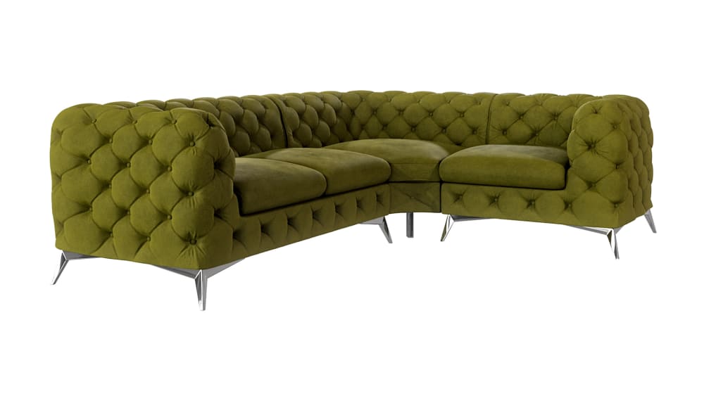 Canapé d’angle Chesterfield en velours, pieds en métal argenté, olive