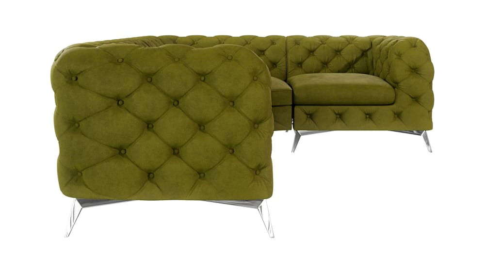 Ecksofa Chesterfield aus Samt mit silbernen Metall-Füßen, Olive -