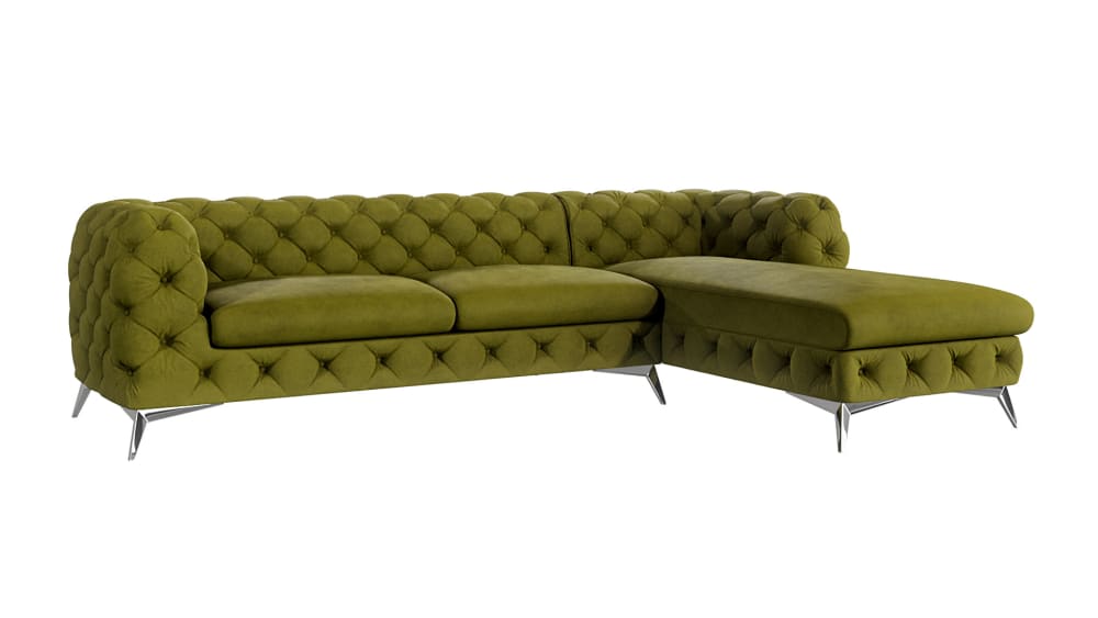 Canapé d’angle Chesterfield en velours, pieds en métal argenté, olive
