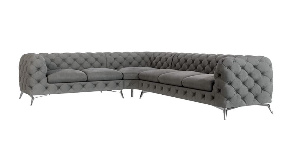 Canapé d’angle Chesterfield en velours, pieds en métal argenté, gris