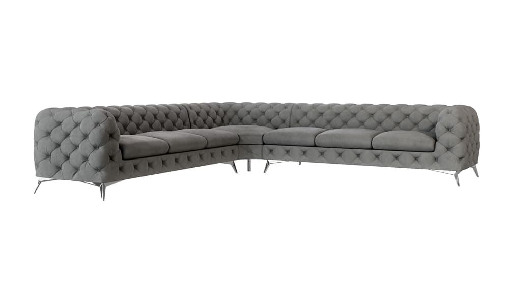 Canapé d’angle Chesterfield en velours, pieds en métal argenté, gris