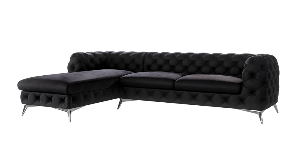 Canapé d’angle Chesterfield en velours, pieds en métal argenté, noir