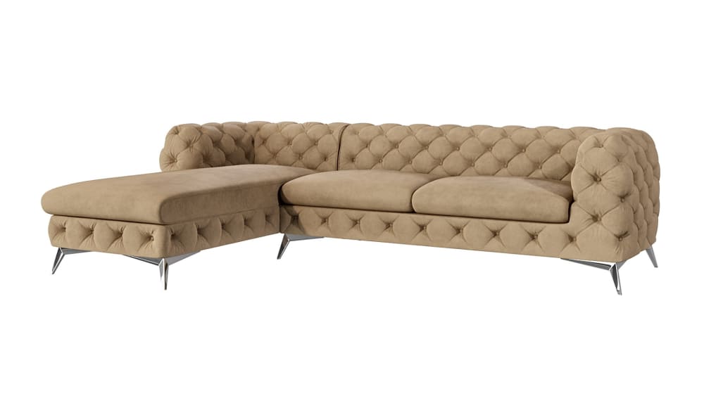 Canapé d’angle Chesterfield en velours, pieds en métal argenté, beige