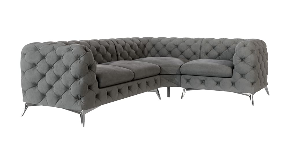 Canapé d’angle Chesterfield en velours, pieds en métal argenté, gris