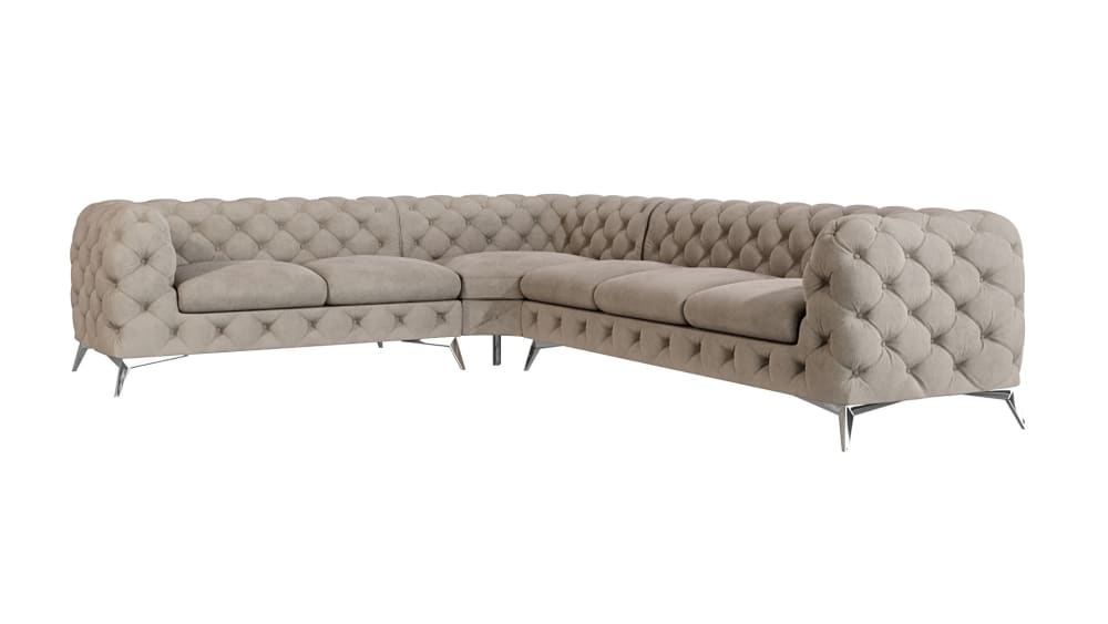 Canapé d’angle Chesterfield en velours, pieds en métal argenté, crème