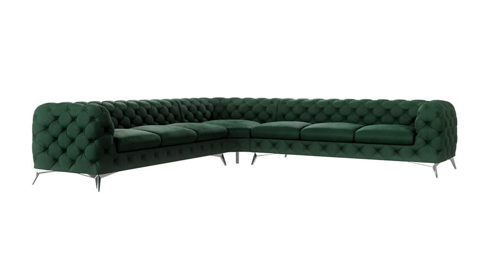 Canapé d’angle Chesterfield en velours, pieds en métal argenté, vert