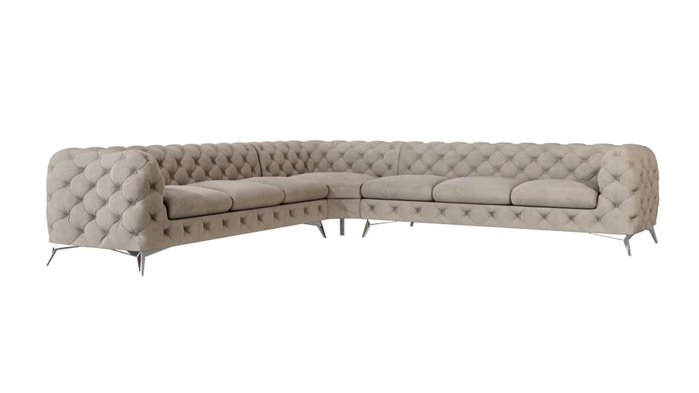 Canapé d’angle Chesterfield en velours, pieds en métal argenté, crème