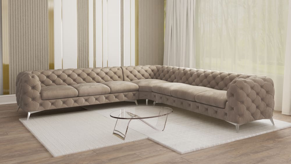 Canapé d’angle Chesterfield en velours, pieds en métal argenté, crème