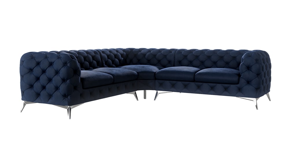 Canapé d’angle Chesterfield en velours, pieds en métal argenté, bleu