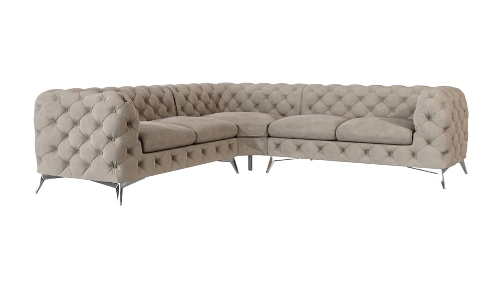 Canapé d’angle Chesterfield en velours, pieds en métal argenté, crème