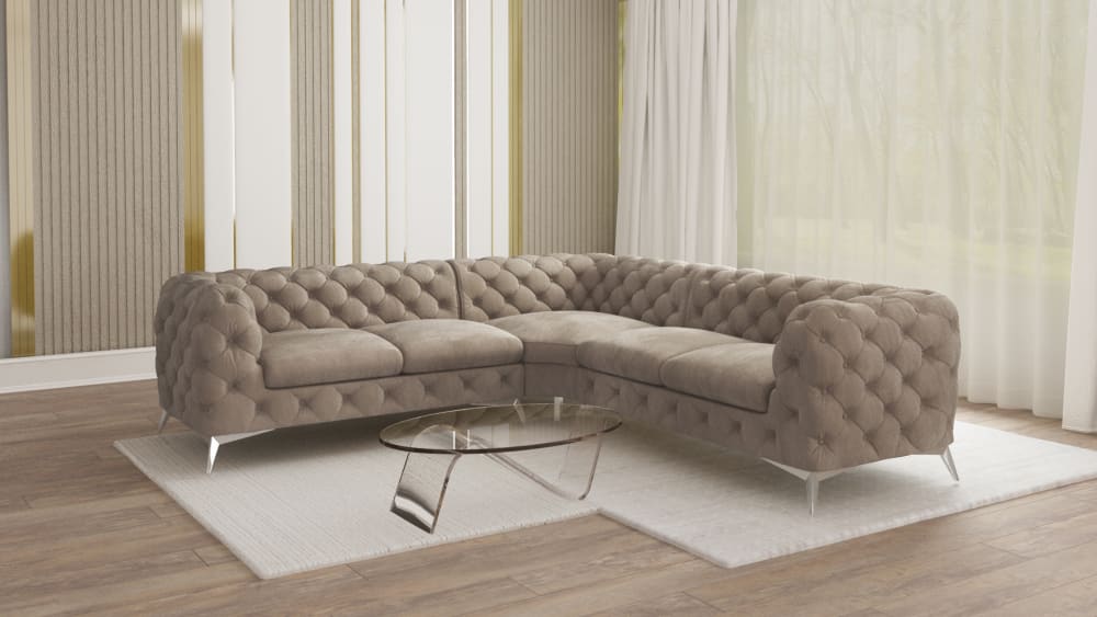 Ecksofa Chesterfield aus Samt mit silbernen Metall-Füßen, Taupe -