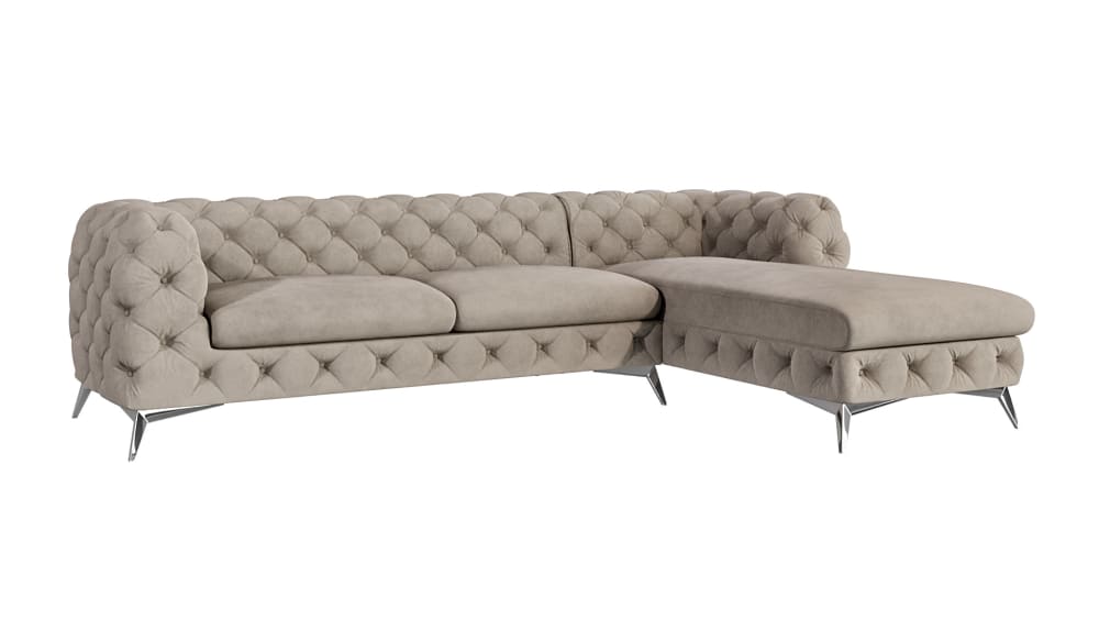 Canapé d’angle Chesterfield en velours, pieds en métal argenté, crème