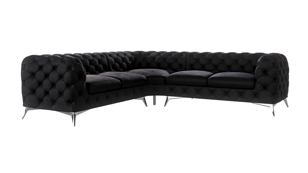 Canapé d’angle Chesterfield en velours, pieds en métal argenté, noir