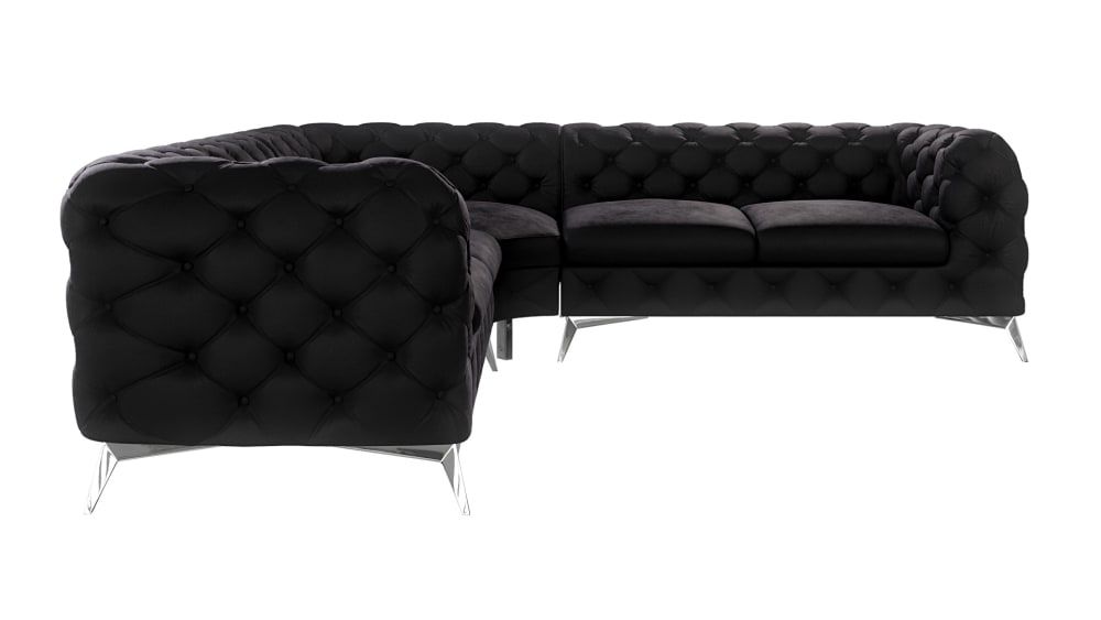 Ecksofa Chesterfield aus Samt mit silbernen Metall-Füßen, Schwarz