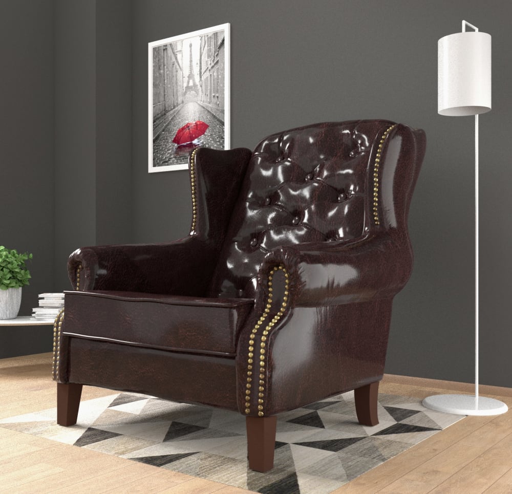 Fauteuil Chesterfield à oreilles en cuir végan, marron
