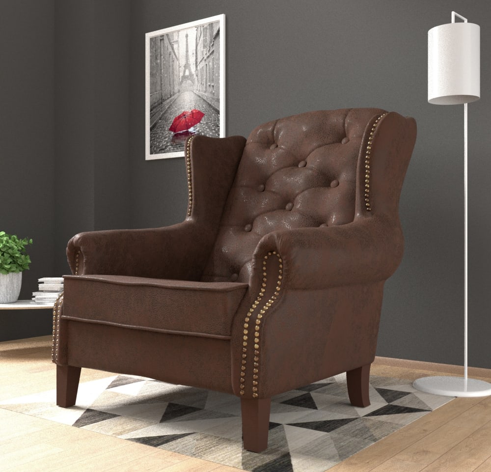 Fauteuil Chesterfield style vintage à oreilles en microfibre, marron