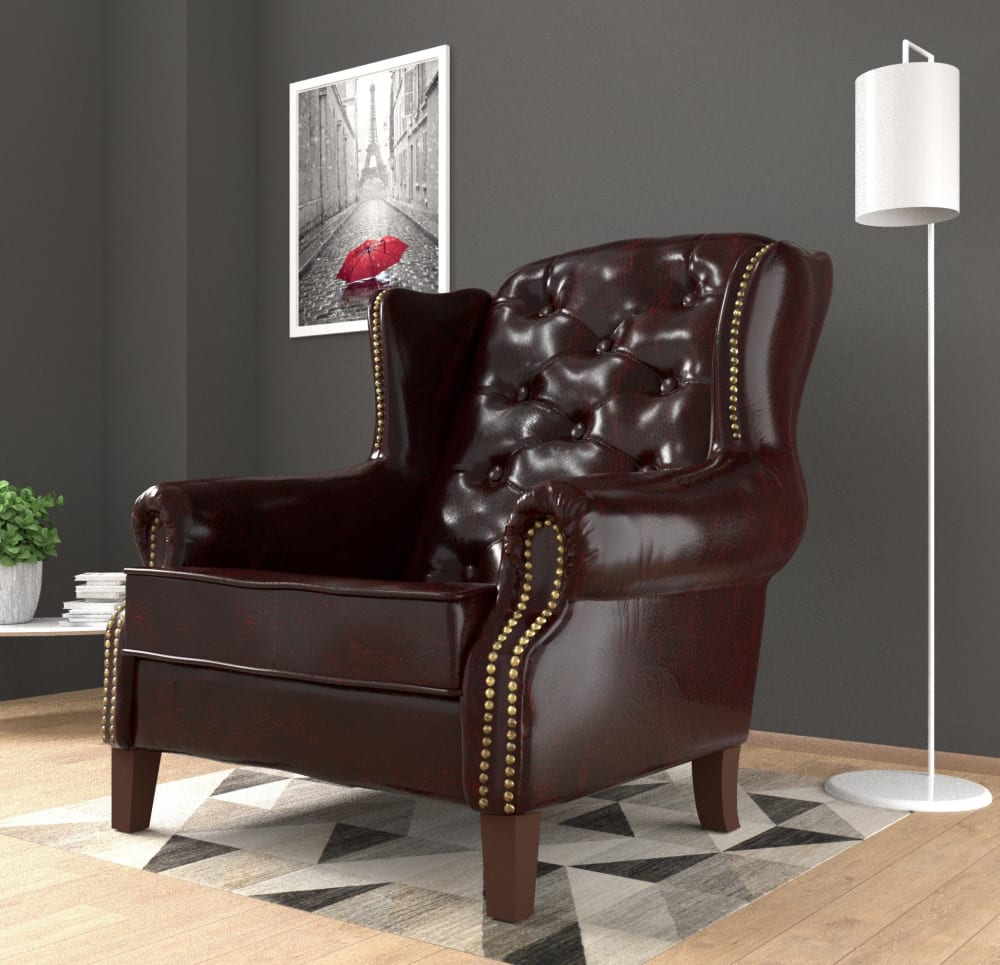 Fauteuil Chesterfield à oreilles en cuir végan, marron rougeâtre
