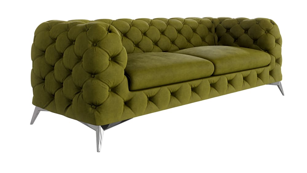Canapé Chesterfield 3 places en velours avec pieds en métal, olive