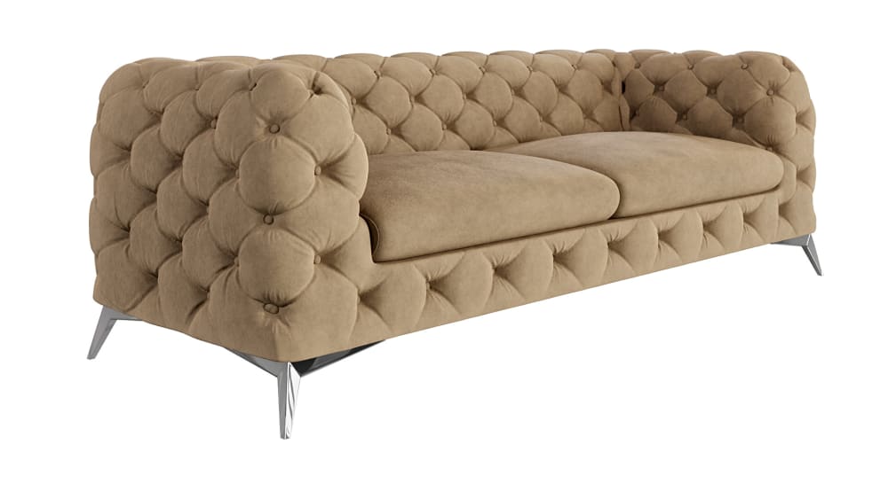 Canapé Chesterfield 3 places en velours avec pieds en métal, beige