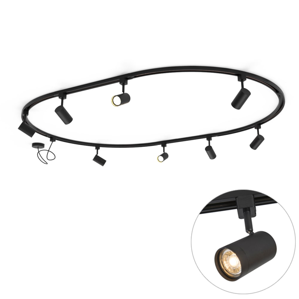 QAZQA Schienensystem mit 8 schwarzen Strahlern oval 200cm style modern - Aluminium