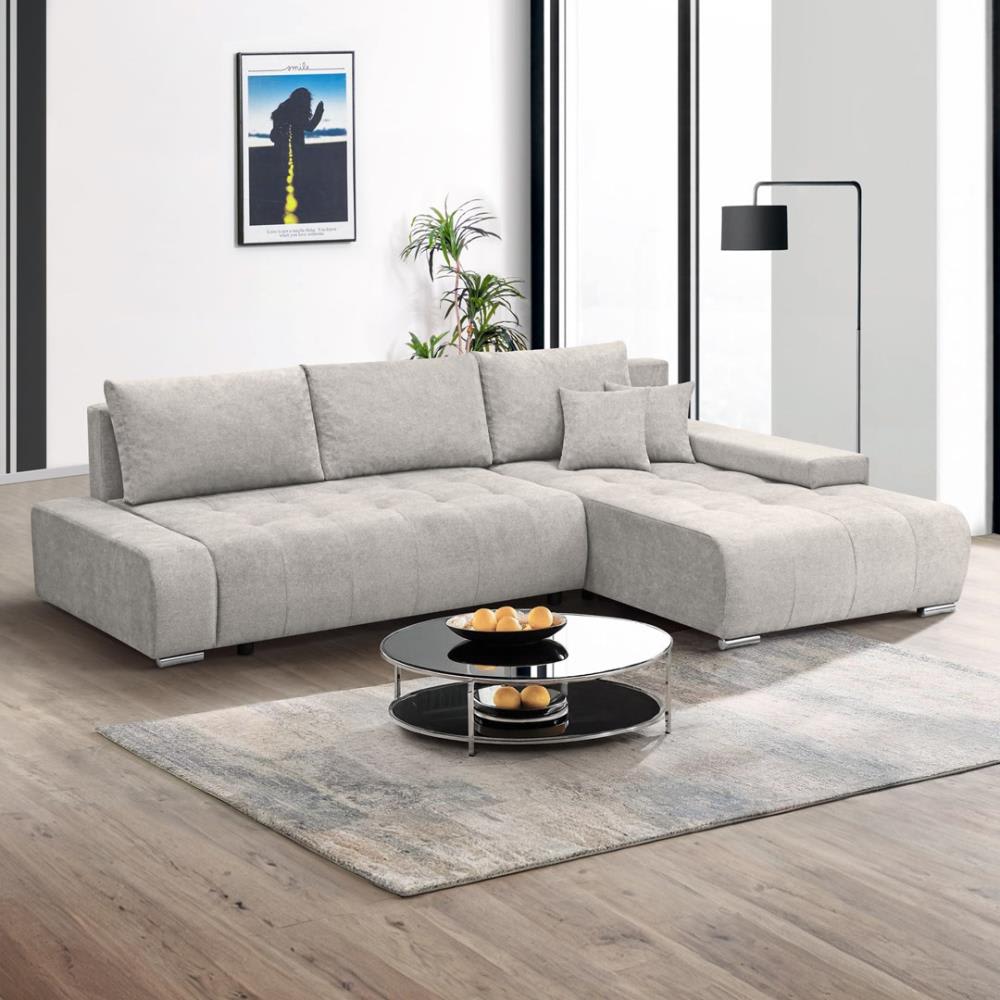 Ecksofa mit Schlaffunktion, Velours-Stoff, beige, rechts -