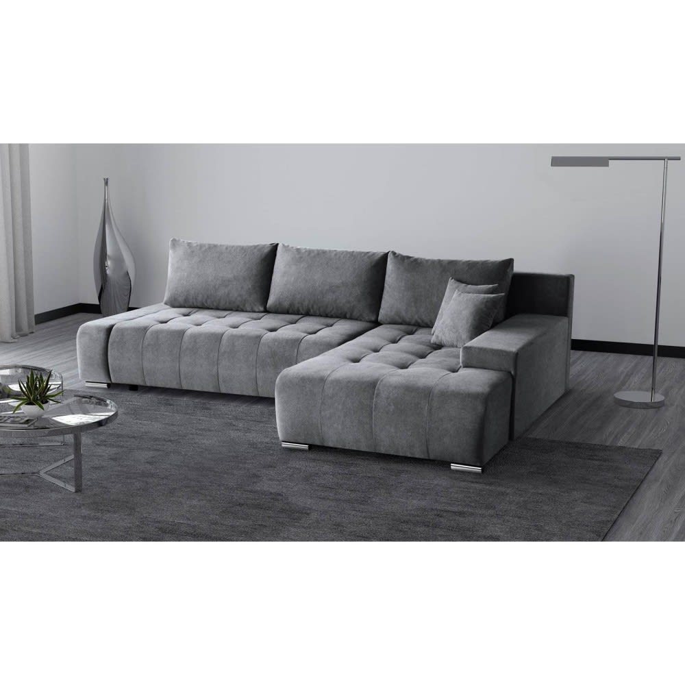 Ecksofa mit Schlaffunktion, Velours-Stoff, grau, rechts - Maisons