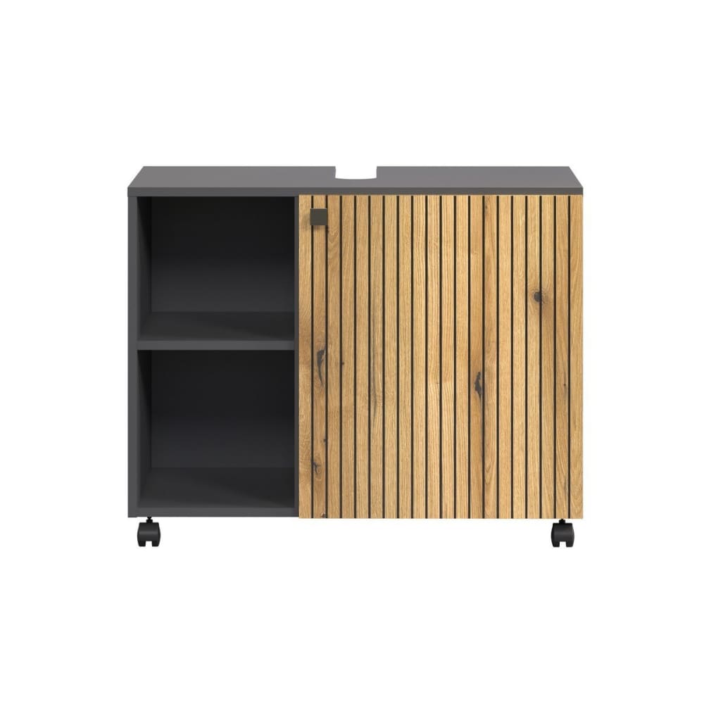 Meuble sous vasque sur roulettes 1 porte L80 cm - Effet Chêne et Gris