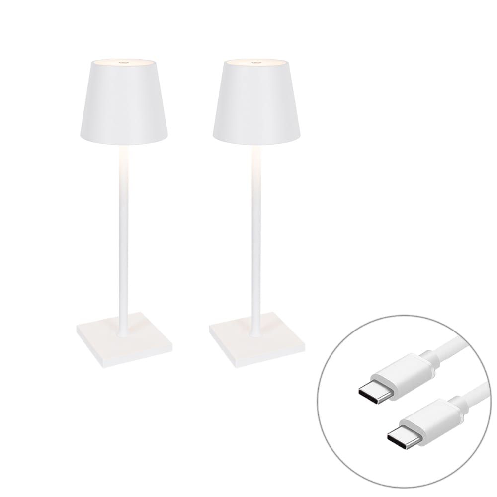 Ensemble 2 lampes table extérieur blanches LED variateur rechargeable Ensemble 2 lampes table extérieur blanches LED variateur rechargeable