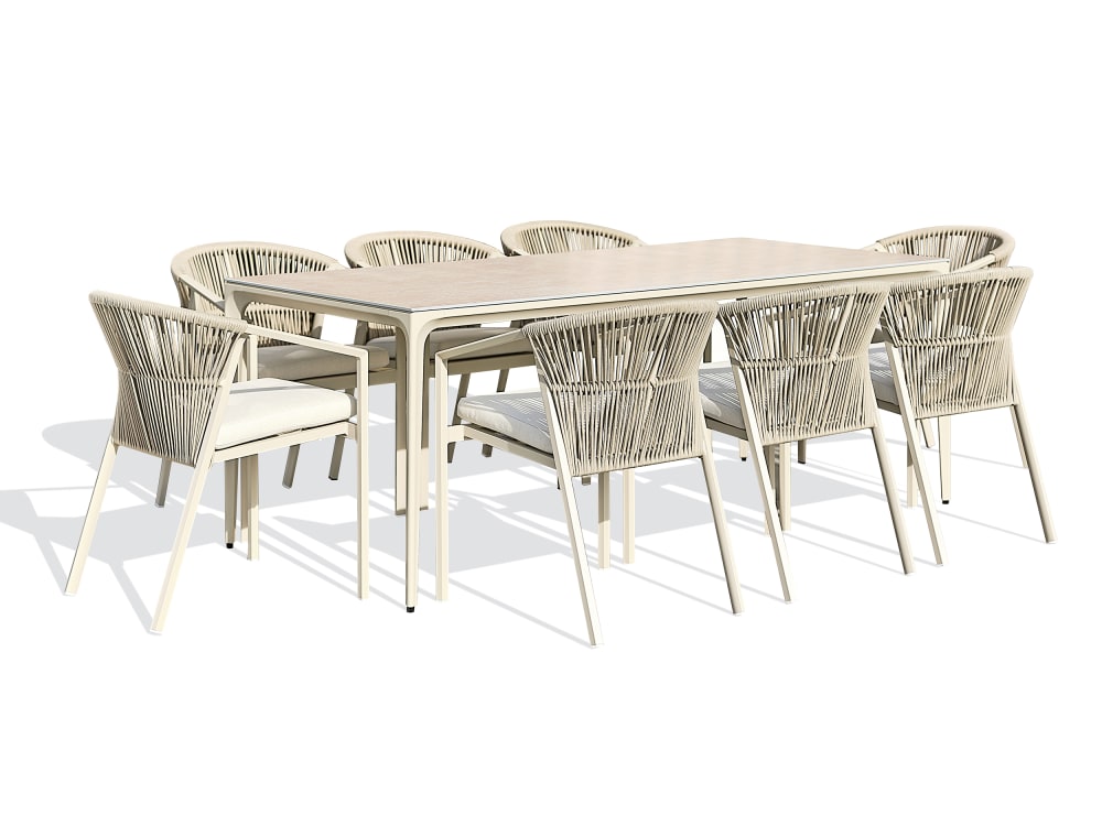 Ensemble repas jardin 8 places céramique sur verre - Grège