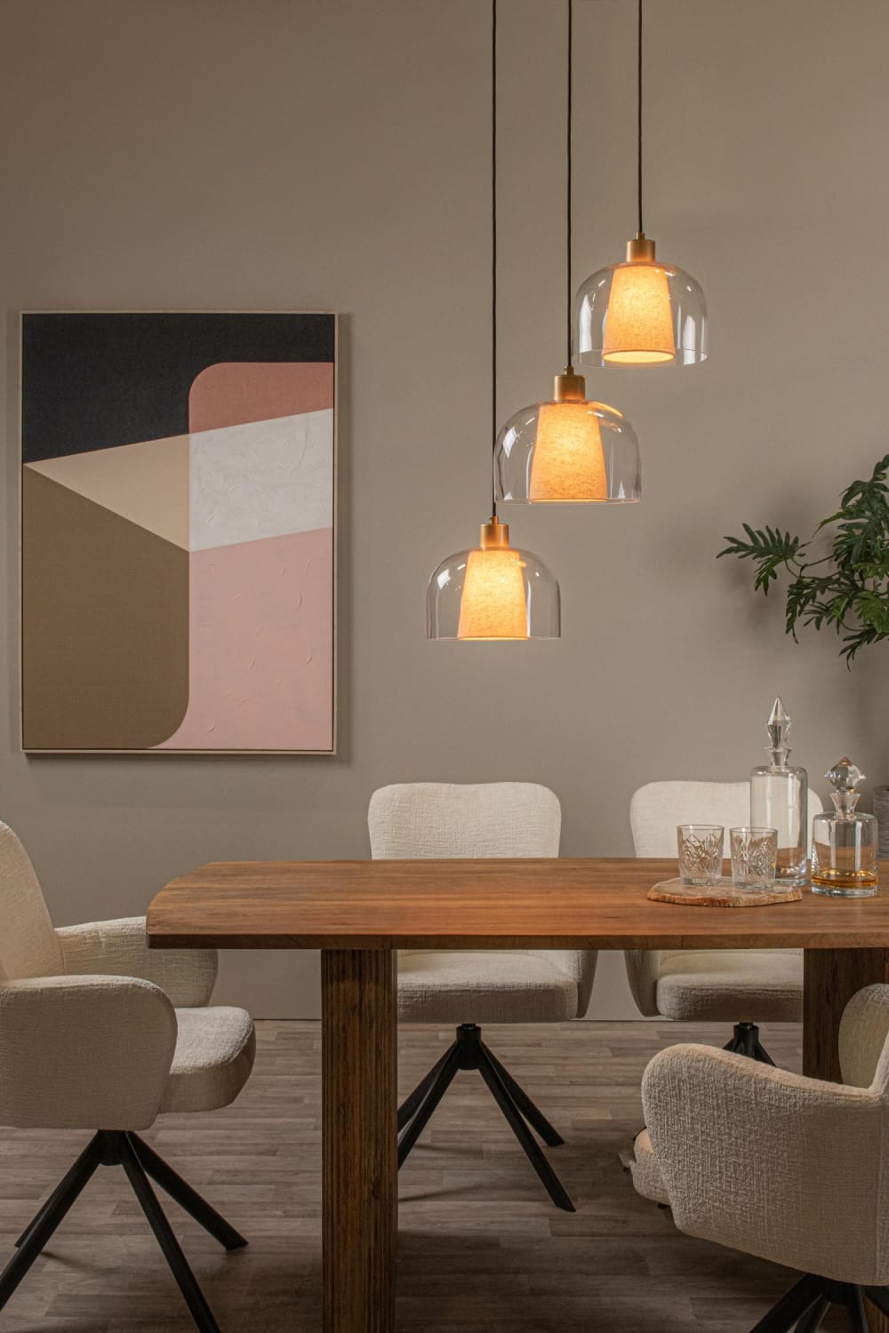 Suspension en verre 3 lumières verre transparent crème 46.5 cm