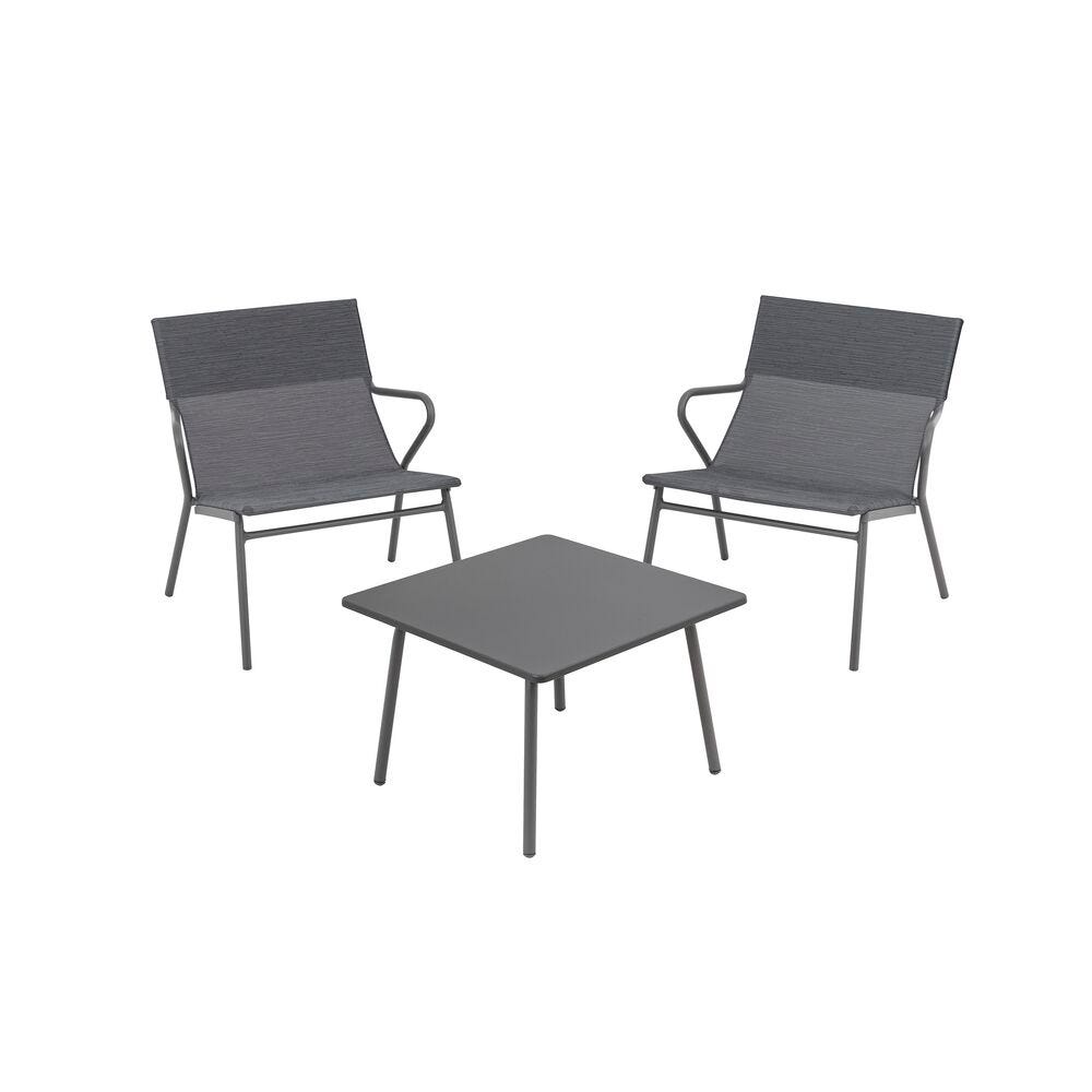 Ensemble 1 table basse carrée et 2 fauteuils en acier gris