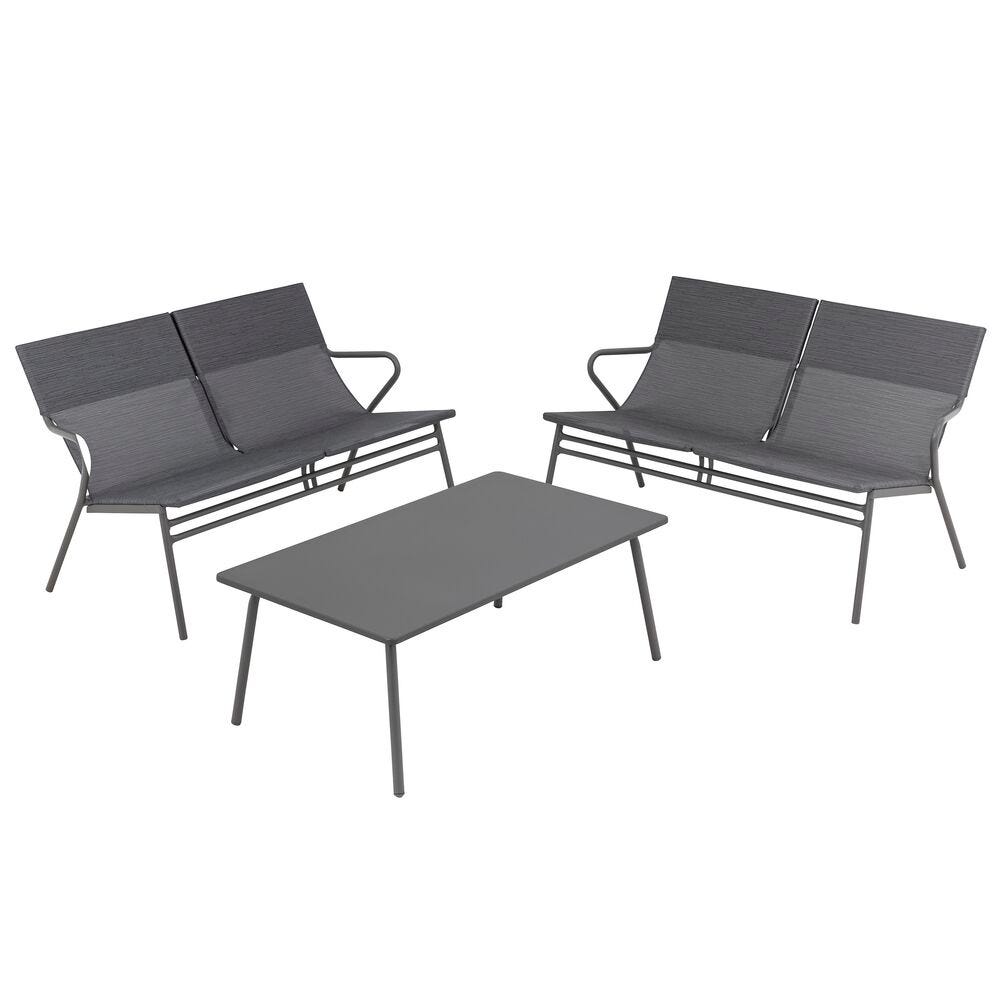 Ensemble 1 table basse rectangle et 2 banquettes en acier gris