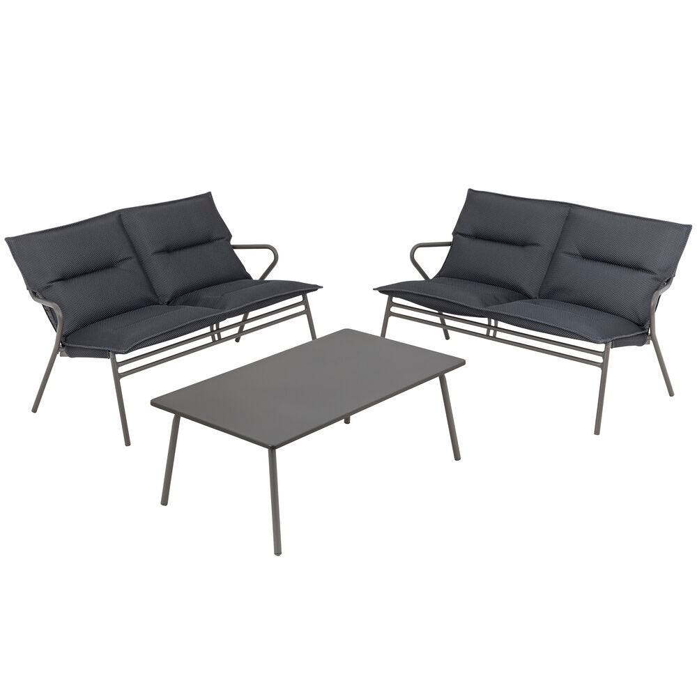 Ensemble 1 table basse rectangle et 2 banquettes en acier gris