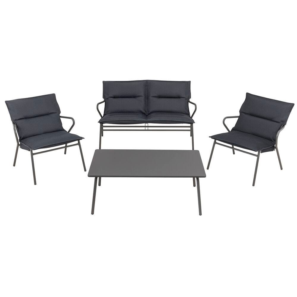 Ensemble 1 table basse, 1 banquette et 2 fauteuils en acier gris