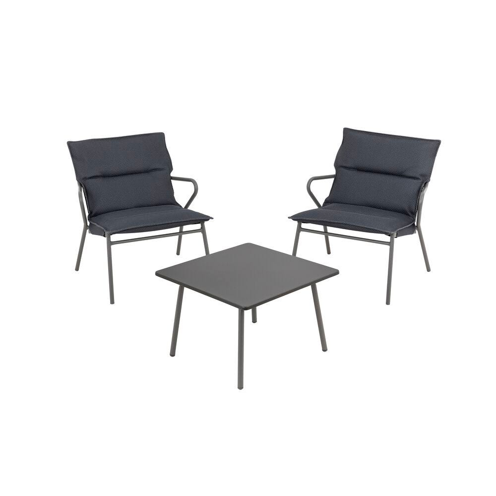 Ensemble 1 table basse carrée et 2 fauteuils en acier gris