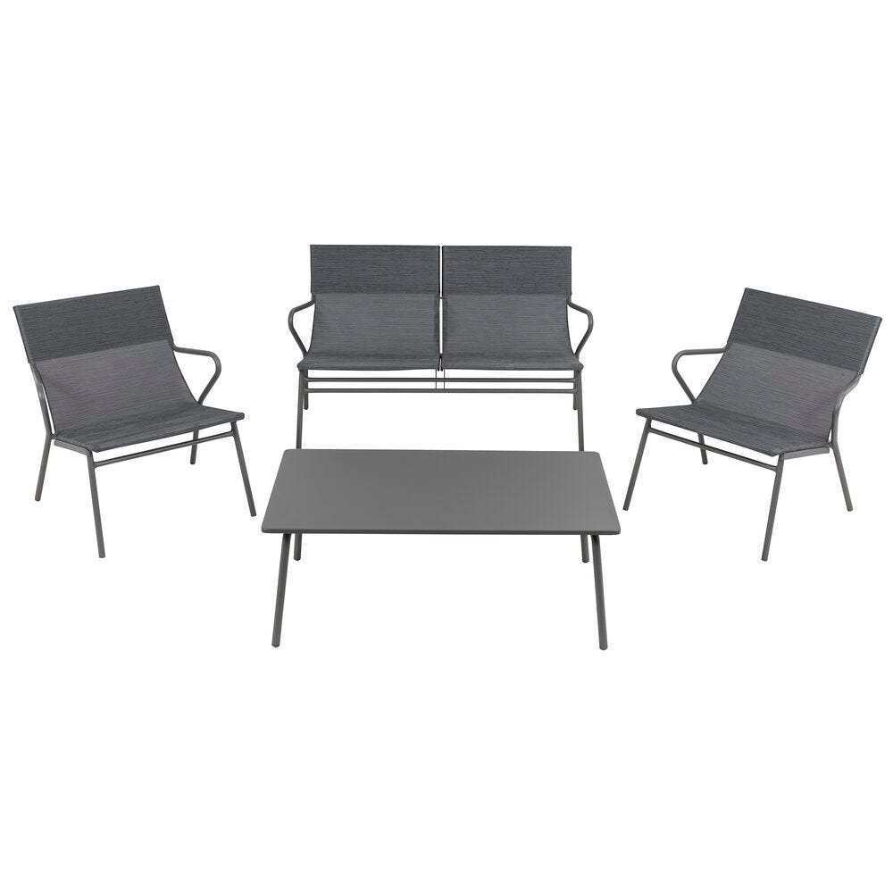 Ensemble 1 table basse, 1 banquette et 2 fauteuils en acier gris