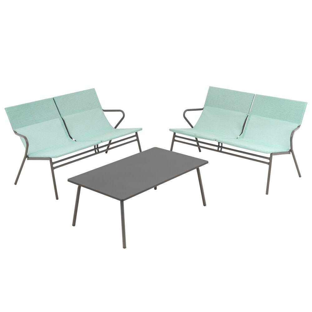 Ensemble 1 table basse rectangle et 2 banquettes en acier bleu