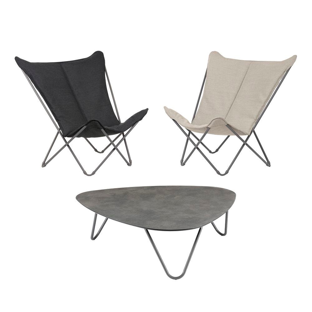 Ensemble table basse et 2 fauteuils papillon en hpl acier gris