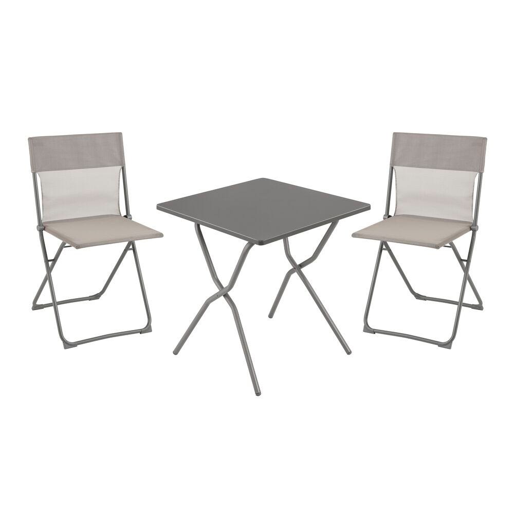 Ensemble 1 table, 2 chaises pliantes ultra-compactes en acier gris