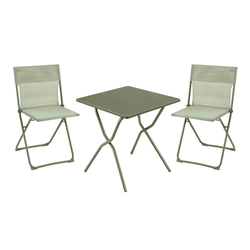 Ensemble 1 table, 2 chaises pliantes ultra-compactes en acier vert