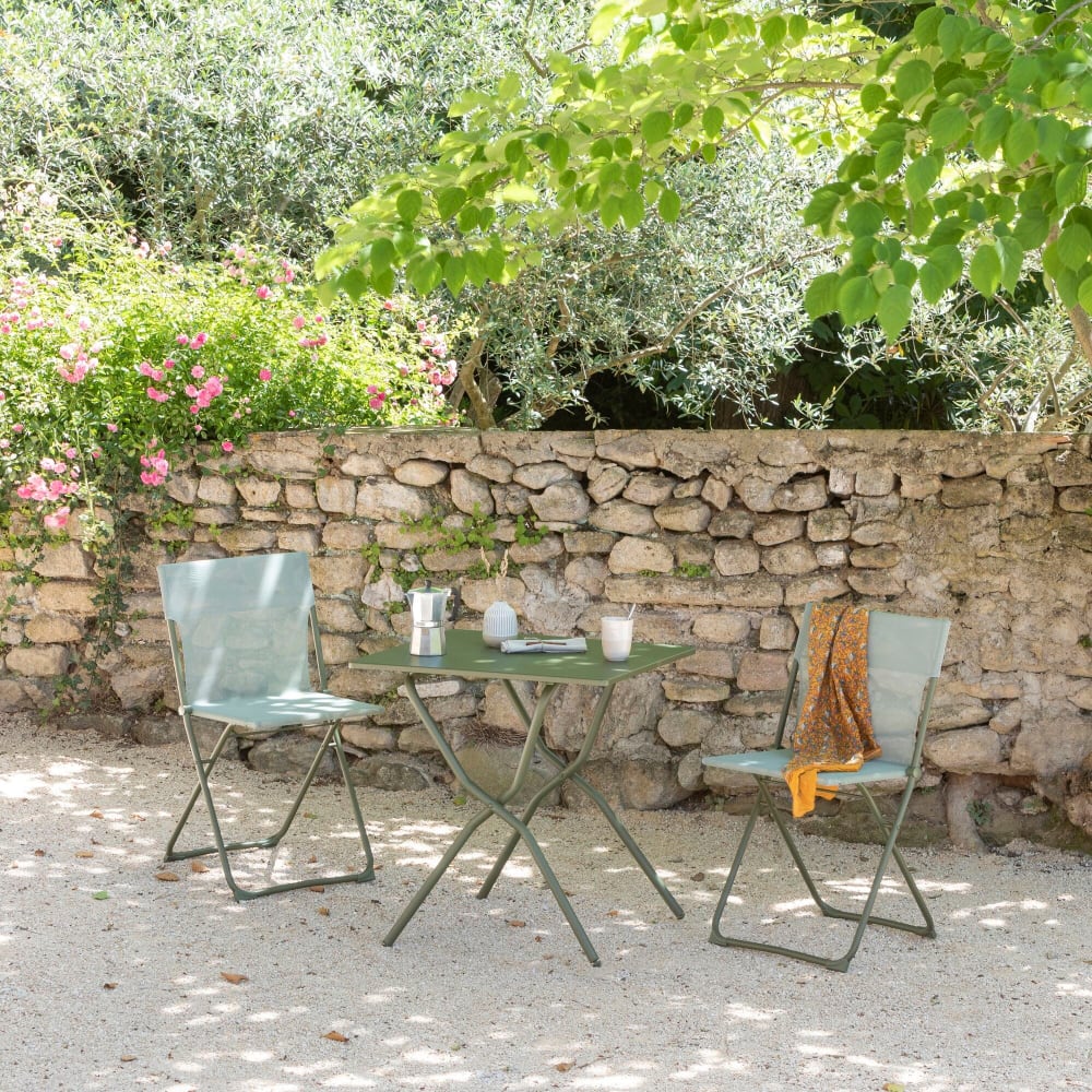 Ensemble 1 table, 2 chaises pliantes ultra-compactes en acier vert