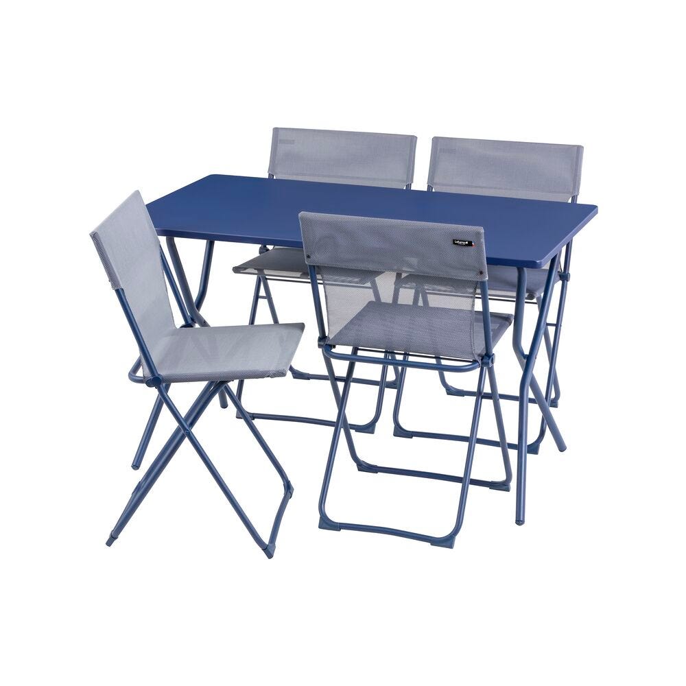 Ensemble 1 table, 4 chaises pliantes ultra-compactes en acier bleu