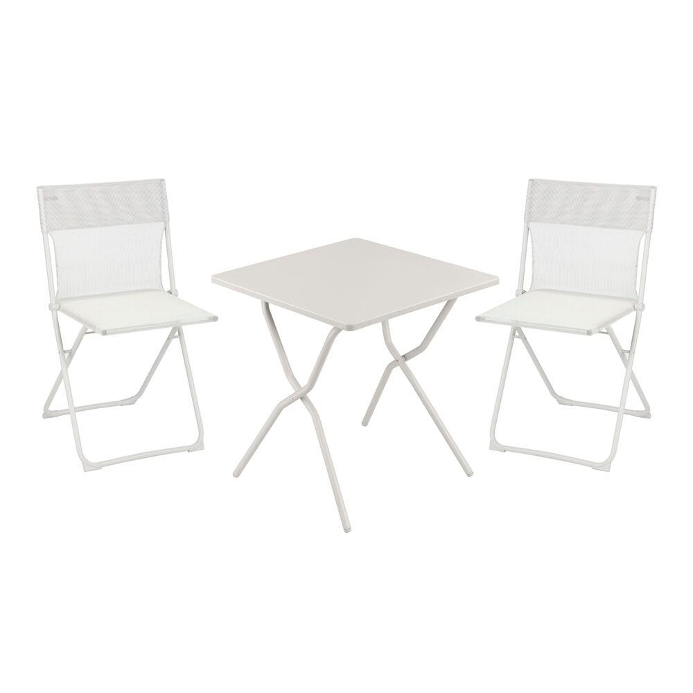 Ensemble 1 table, 2 chaises pliantes ultra-compactes en acier beige